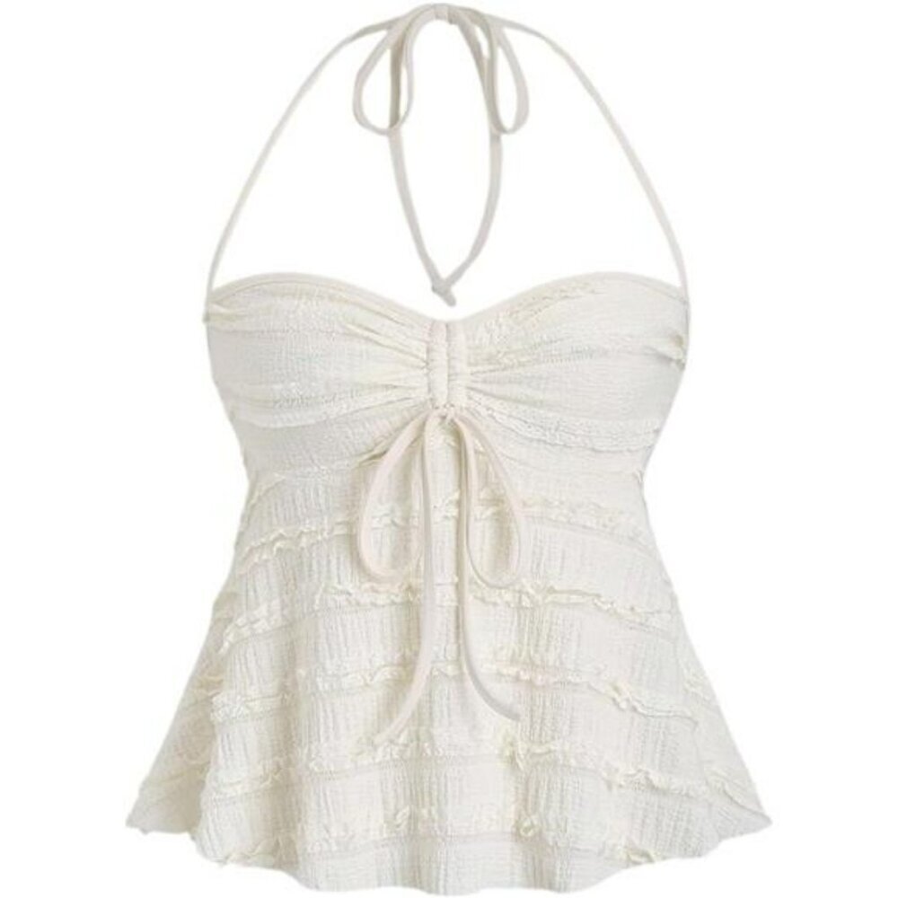 Womens Y2K Peplum Halter Crop Top Ruched Tie Front Spaghetti Strap Cami